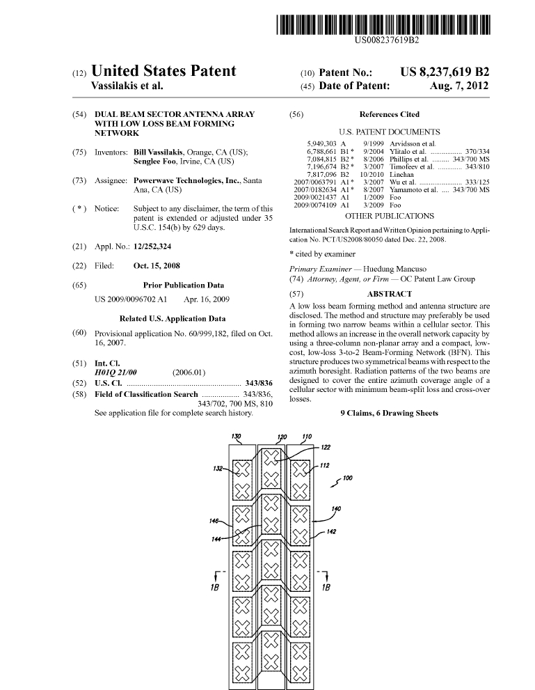 11.US8237619_Dual_Beam_Sector_Array_With_Low_Loss_Beam_Forming_Network_page_01